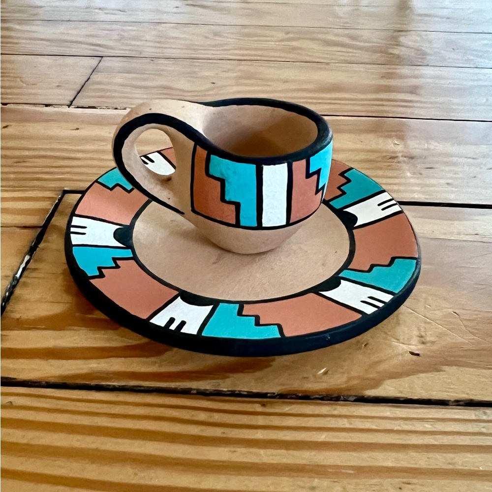 Vintage Rare Native American Signed Jemez Pueblo Pottery Small Cup and Saucer